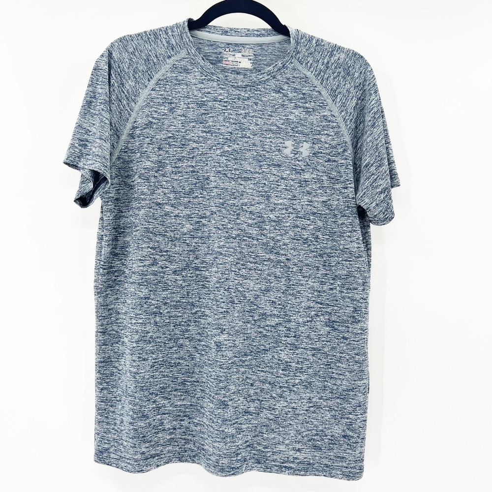 Under Armour HeatGear Tech Tee Mens Small Blue Excellent Space Dye Workout Shirt